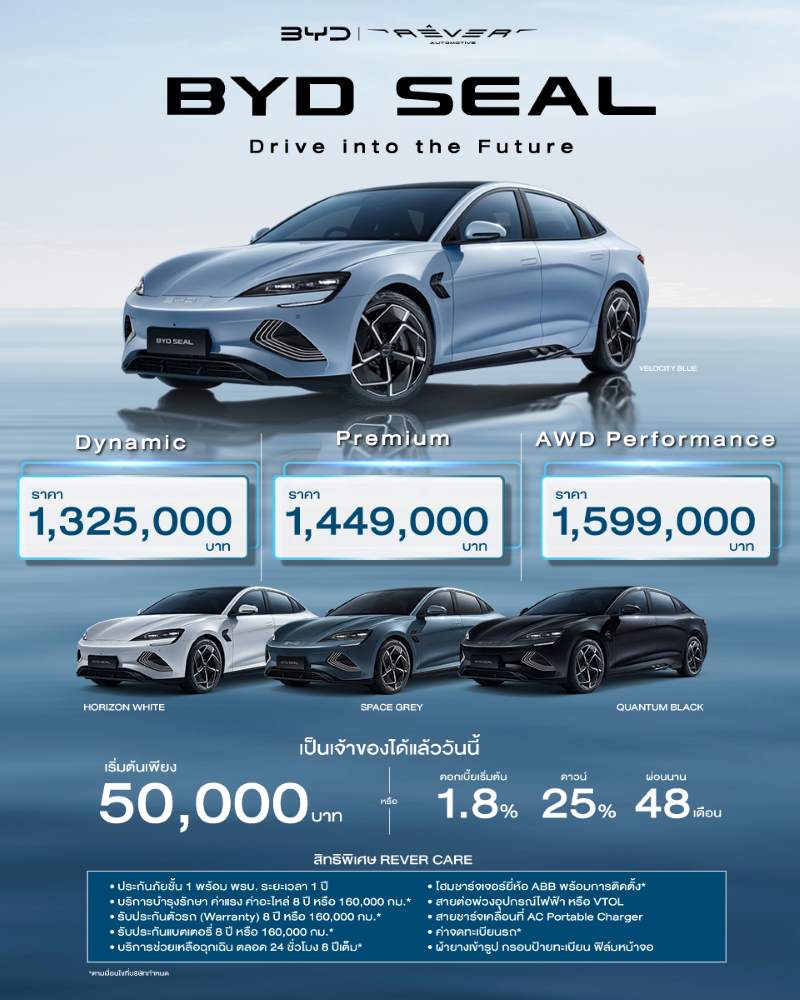 BYD Seal ราคา สี รีวิว 2023 ราคารถบีวายดี ซีล ผ่อน สเปค Rever Care มูลค่ากว่า 230,000 บาท